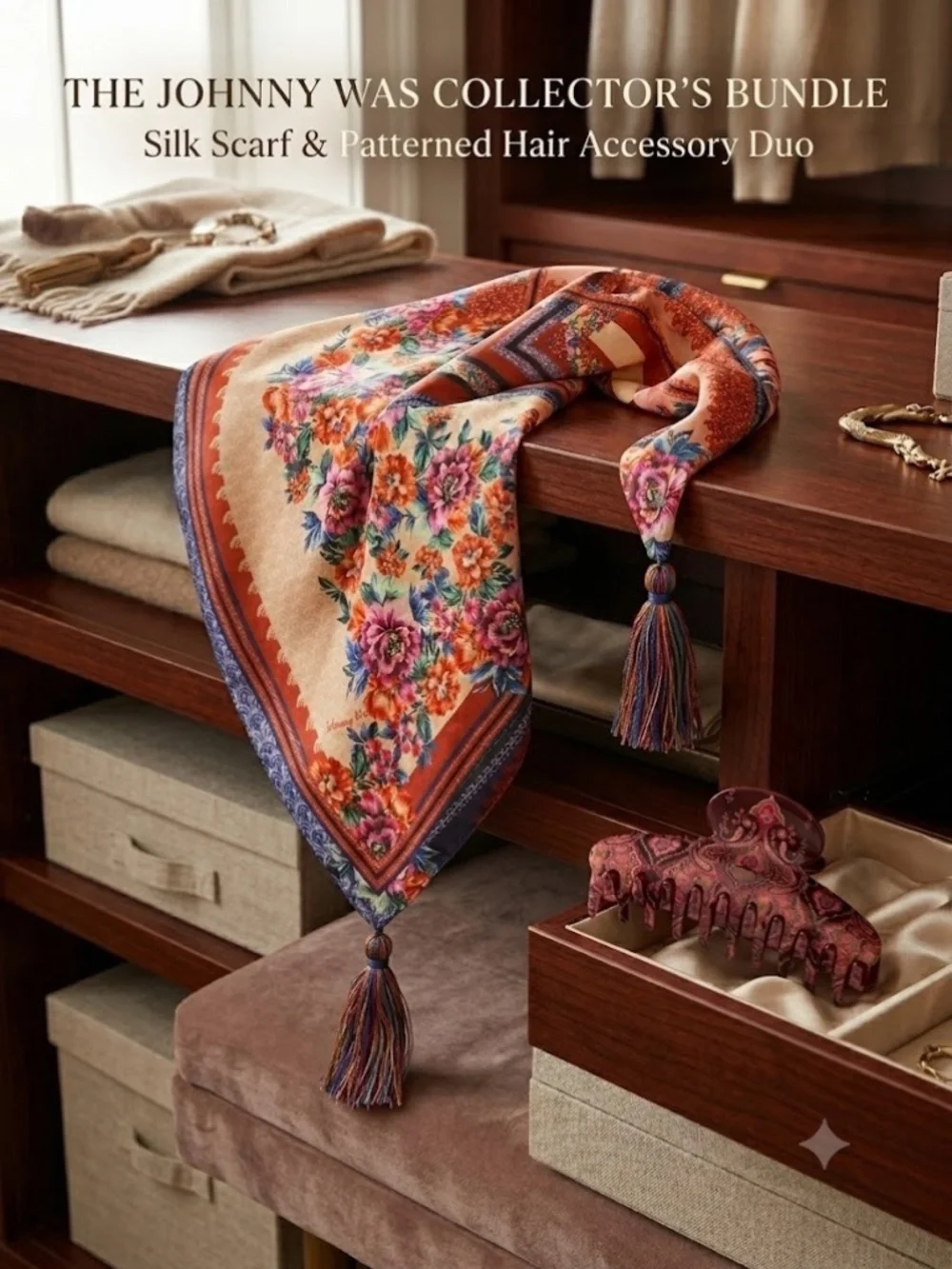 Johnny Was Silk Scarf & Angelia Hairclip Bundle NWT
